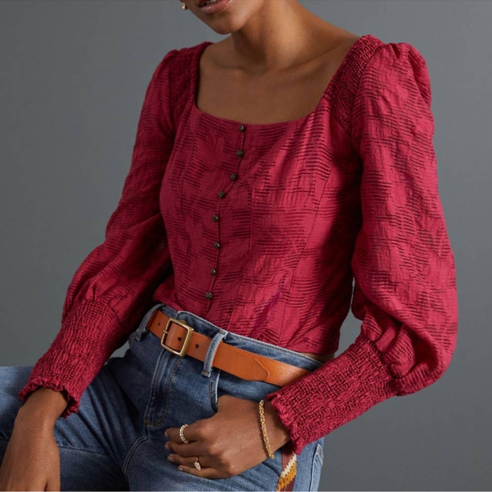 NWT Anthropologie Romantic Puff-Sleeved Blouse size XSP raspberry color